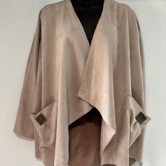 IC Connie K Open Front Cardigan XL Cape Faux Suede Beige Button Pocket Neutral - Picture 1 of 9